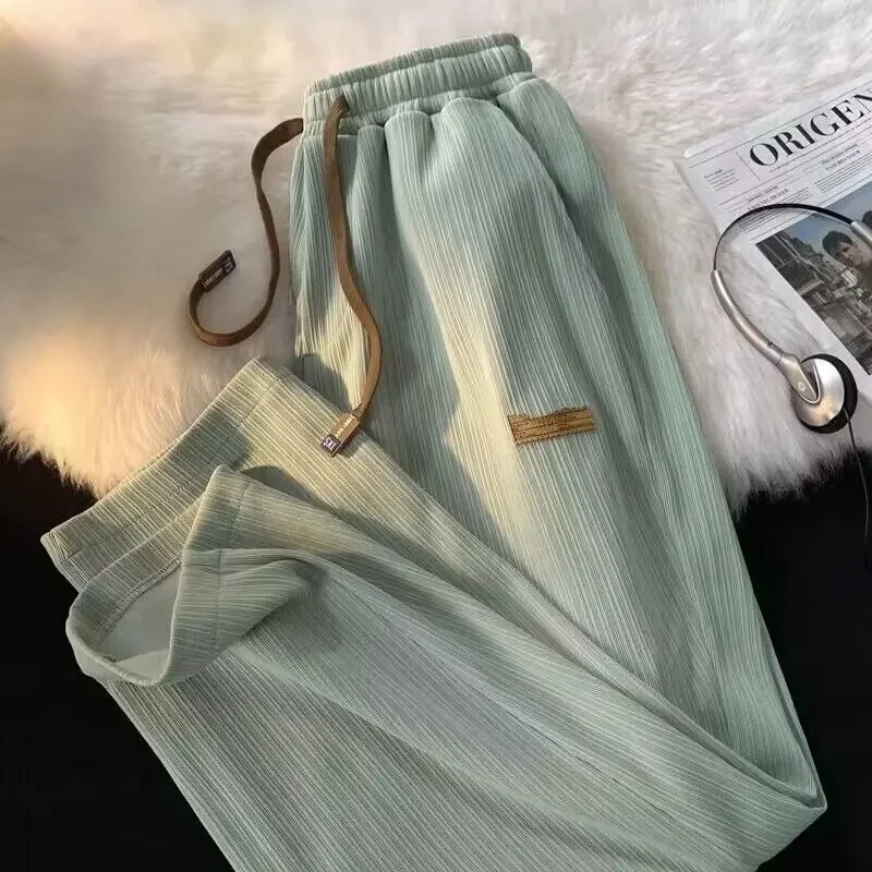 2024 Ice Silk Straight-Leg Pants Women's Autumn Thin High-End Feelbell Bottoms Subtle Design Sensibility Loose-Fit Casual Trouse