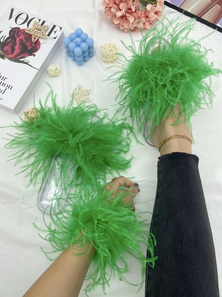 

Fur Slippers Women Real Ostrich Feather Fluffy Slides 2022 Women Fashion Sandals Summer Flats Fur Feather Slipper Flip Flops