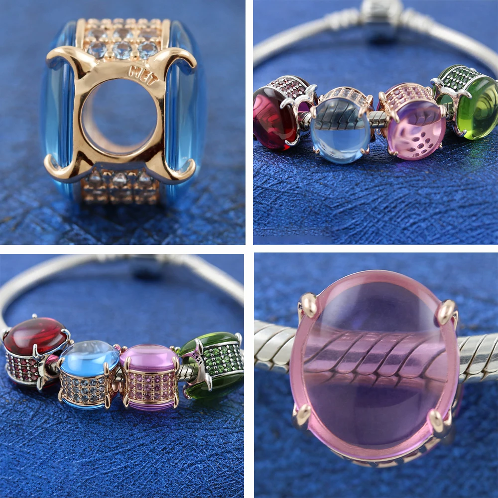 

925 Solid Silver Beads Fuchsia Rose Blue Pink Oval Green Cabochon Charms Fit Pandora Original Bracelet Women DIY Jewelry Gift