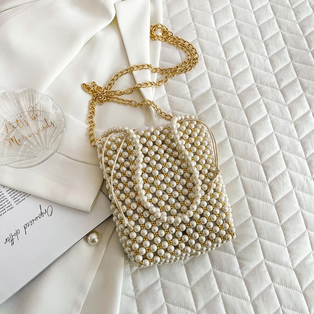 

Fashion Pearls Beaded Shoulder Bag Female Clutches Elegant Lady Purse Handbag Shopping Bags Pure Color Bucket