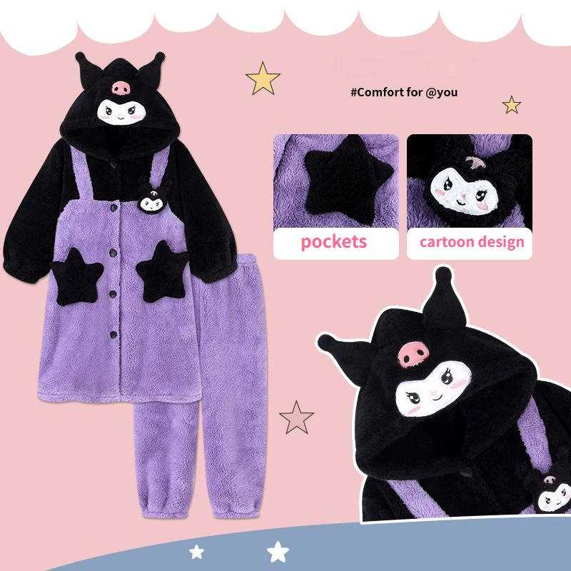 

Kawaii Sanrio Hello Kitty Kids Padded Pajamas Anime Kuromi Cinnamoroll Winter Coral Velvet Warm Long Robe Girls Home Pajamas Set