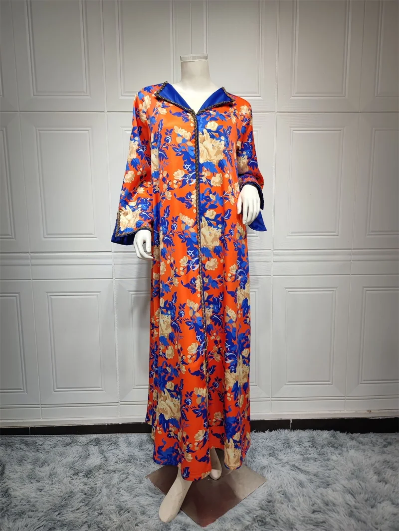 Dubai Abaya Luxury For Muslim Women Diamonds V-Neck Long Dresses Elegant Casual Floral Print 2023 Spring Maxi Dress Wear Ramadan