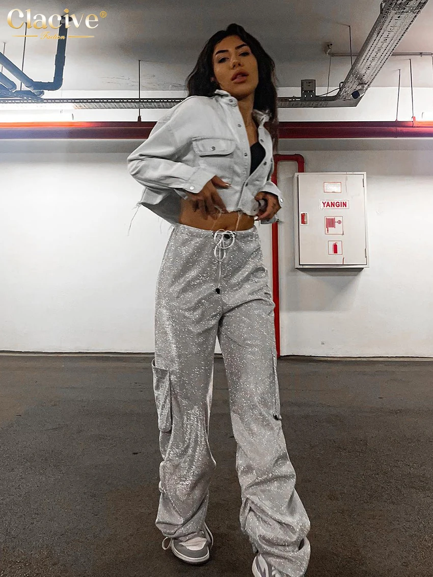 Clacive Fashion Sliver Glitter Women'S Pants 2023 Elegant High Waist Full Length Cargo Pants Streetwear Loose Lace-Up Trousers