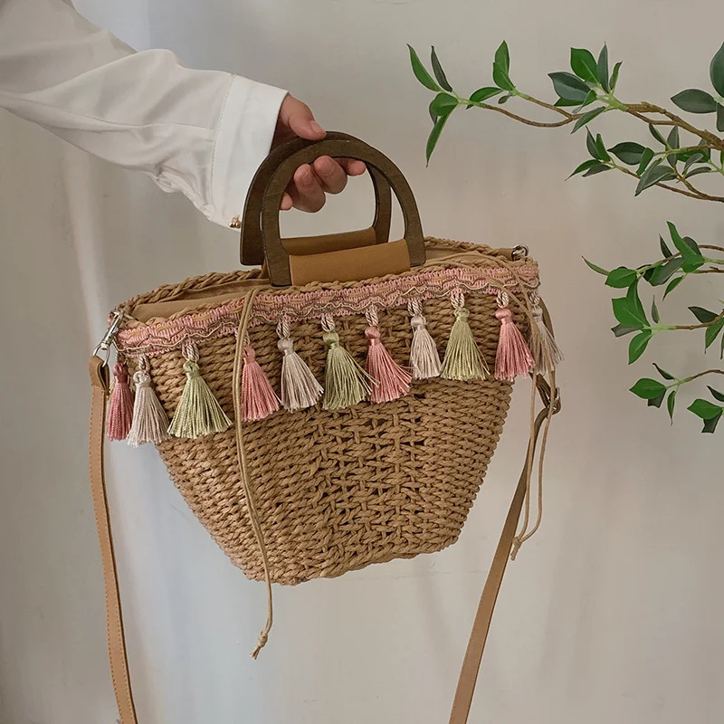 

Summer Bohemian Beach Bag Ethnic Style Women's HandMade Woven Bucket Bag Fashion Tassel Design Paper Rope Braiding Shoulder Bag