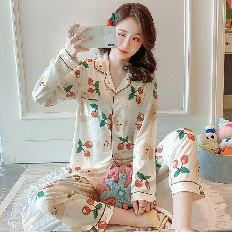 2022 New Autumn Women Thick Pajamas Set Printing Sleepwear Casual Long Sleeve Tops+Pants 2 Pieces Suit Home Clothes Loungewear