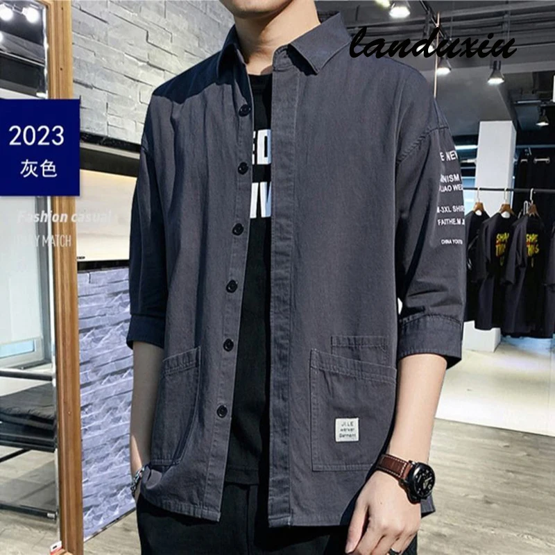 

Spring Summer Short Sleeved Shirt Work Clothes Men's Korean Version of aFshion Hong Kong Style and Loose Casual Coat landuxiu