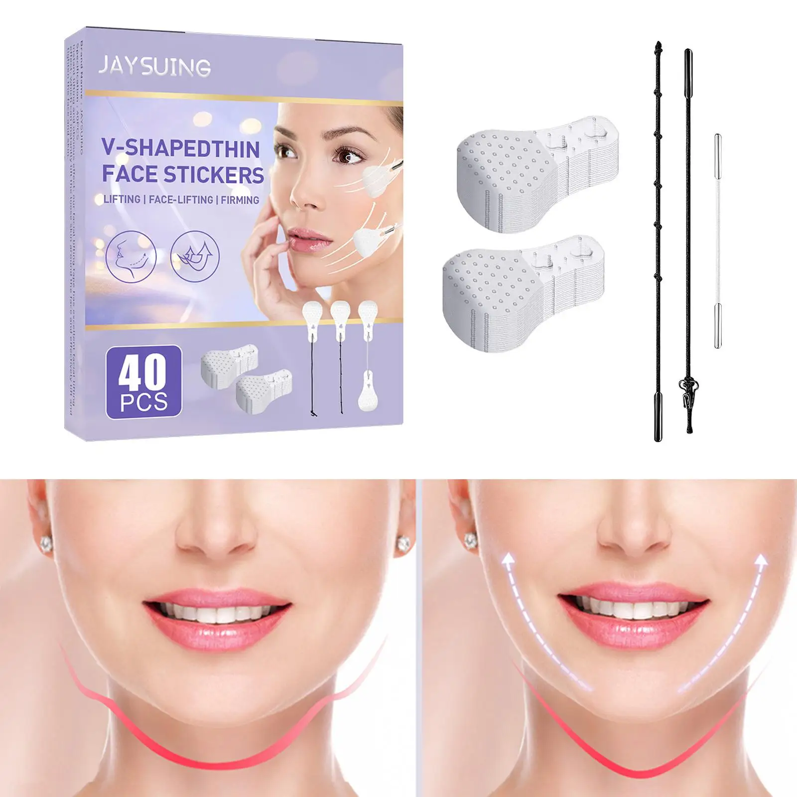 

40Pcs Invisible Thin Face Stickers Sagging Lift Tape Facial Patches V Shape Tighten Chin Lifting Patch for Double Chin Eye Neck