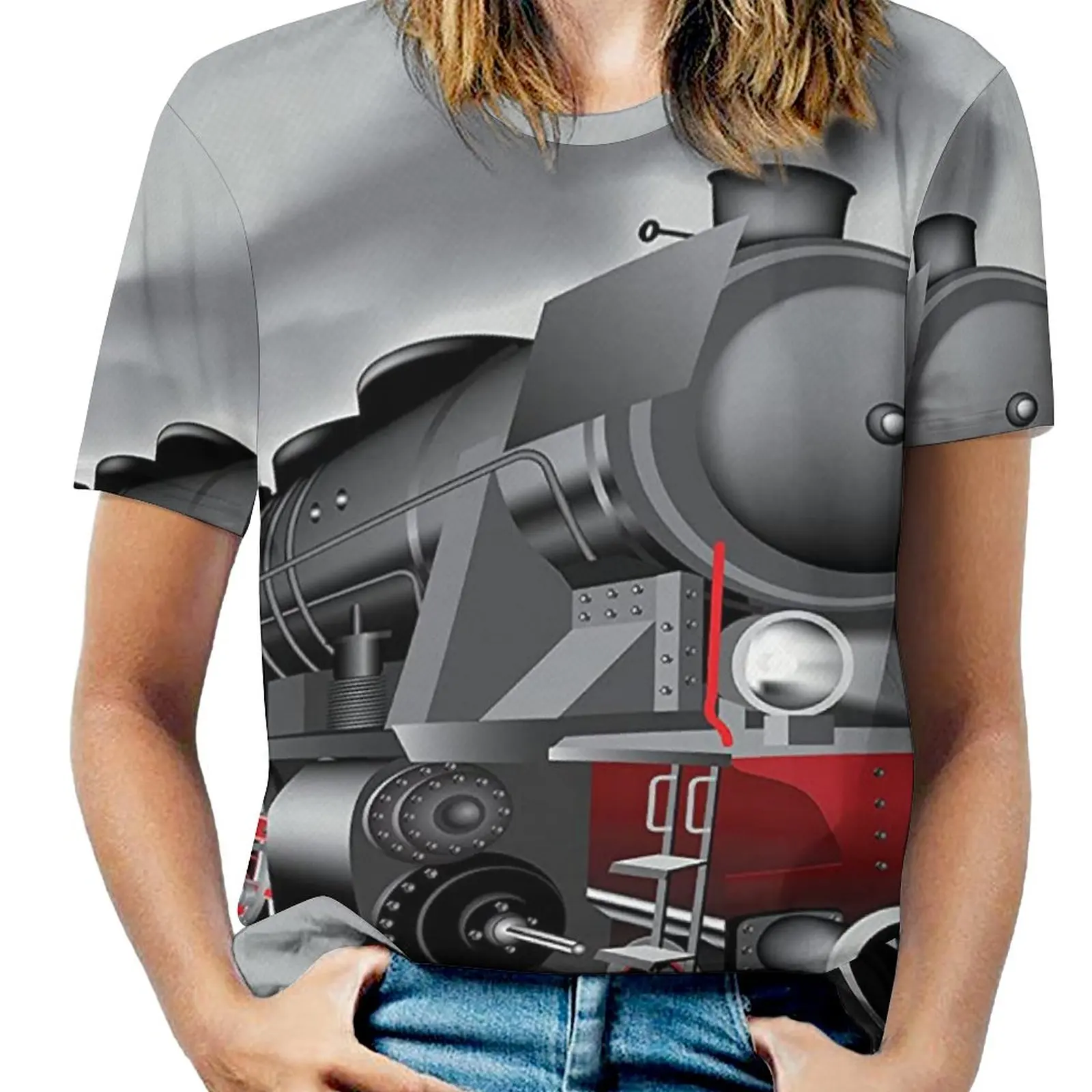 

Locomotive Red Black Train on Steel Railway Track Travel Adventure Graphic Print Campaign T-shirt Fresh Funny Novelty Top Qualit