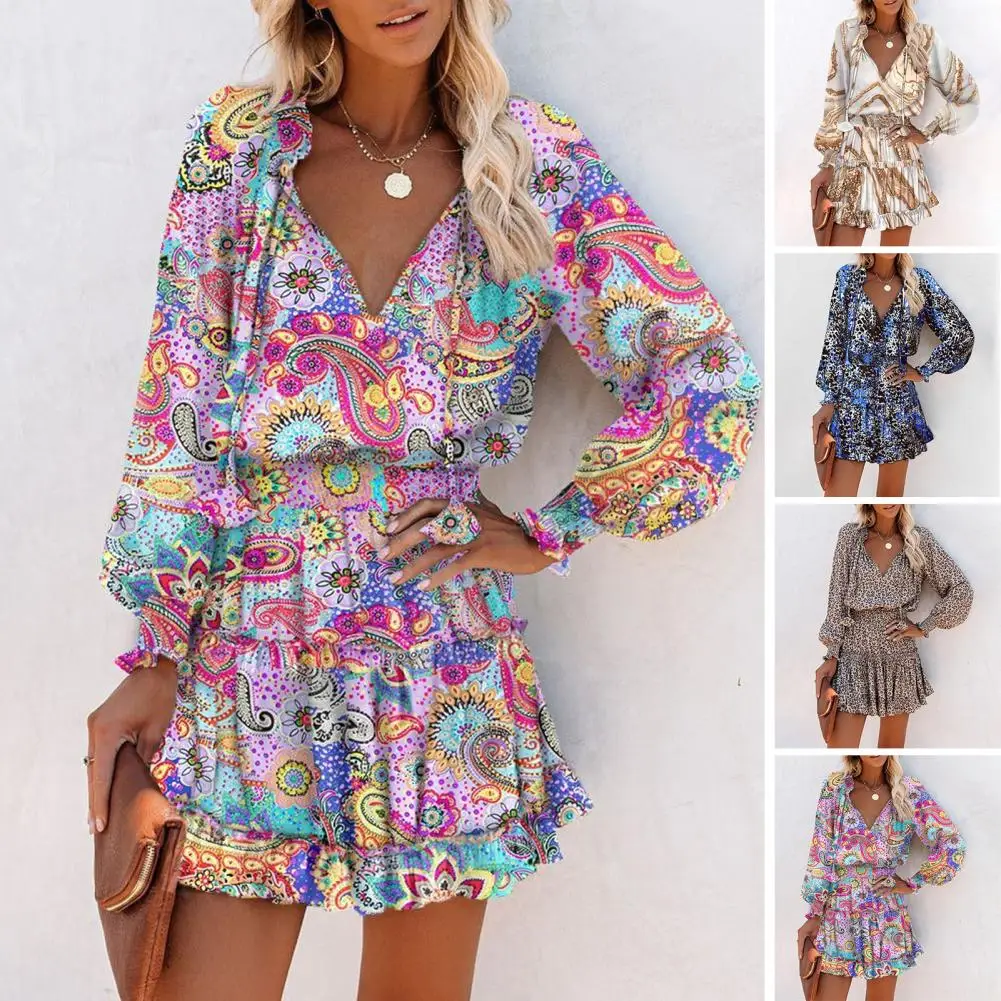 

Women Paisley Print Ruffle Hem Shirred Waist Casual Dress Office Lady Outfits Short Dress Casual Robe 2023