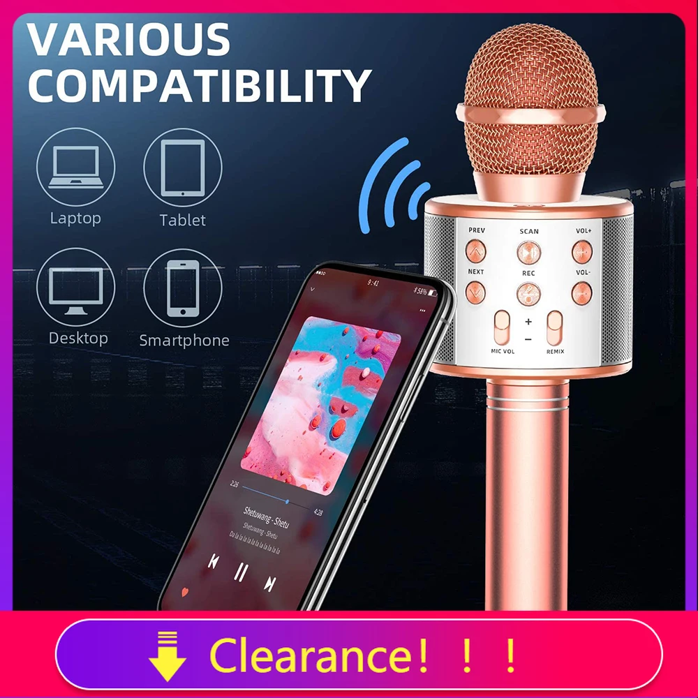 

Clearance] Condenser Microphone Wireless Bluetooth Karaoke MIC For Smartphone Tablet Laptop Desktop Home KTV Singing Microphones