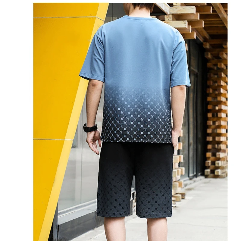 2023 Summer New Printing Gradient Color Set Men's Short Sleeve T-shirt+Casual Shorts Sports Two Piece Set Handsome Men Clothing