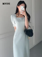 korean chic thin pleated waist mid length bag hip split bubble short sleeve square collar dress womens summer vestidos elegant