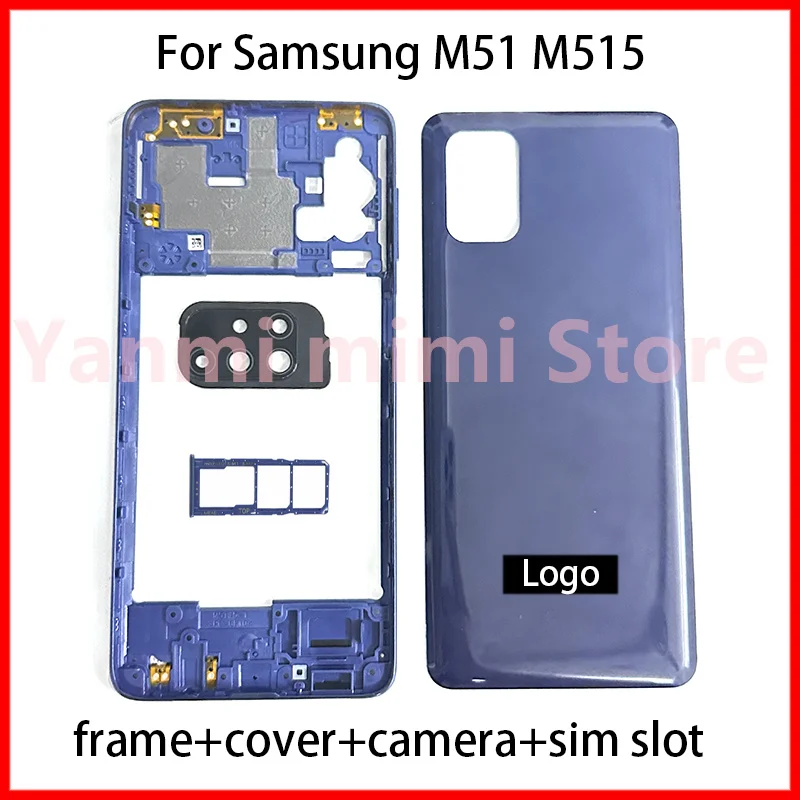 Корпус для телефона Samsung Galaxy M51 M515, средний корпус, Крышка батарейного отсека, задняя панель, объектив камеры, слот для Sim-карты