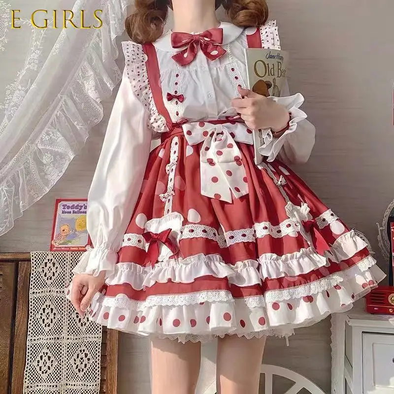 E GIRLS  Japanese Cute Gothic Lolita Strawberry Dress Set Summer Sweet Girl Cute Woman JK Uniform Harajuku Maid Sling Dress Suit