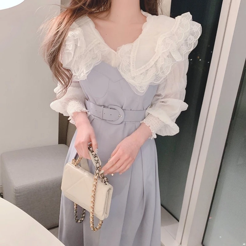 

WDMSNA Autumn Lace Doll Collar Blouses Loose Puff Sleeve Shirt +Long Belt Waist Suspender Dress Two Piece Sets Womens Outifits