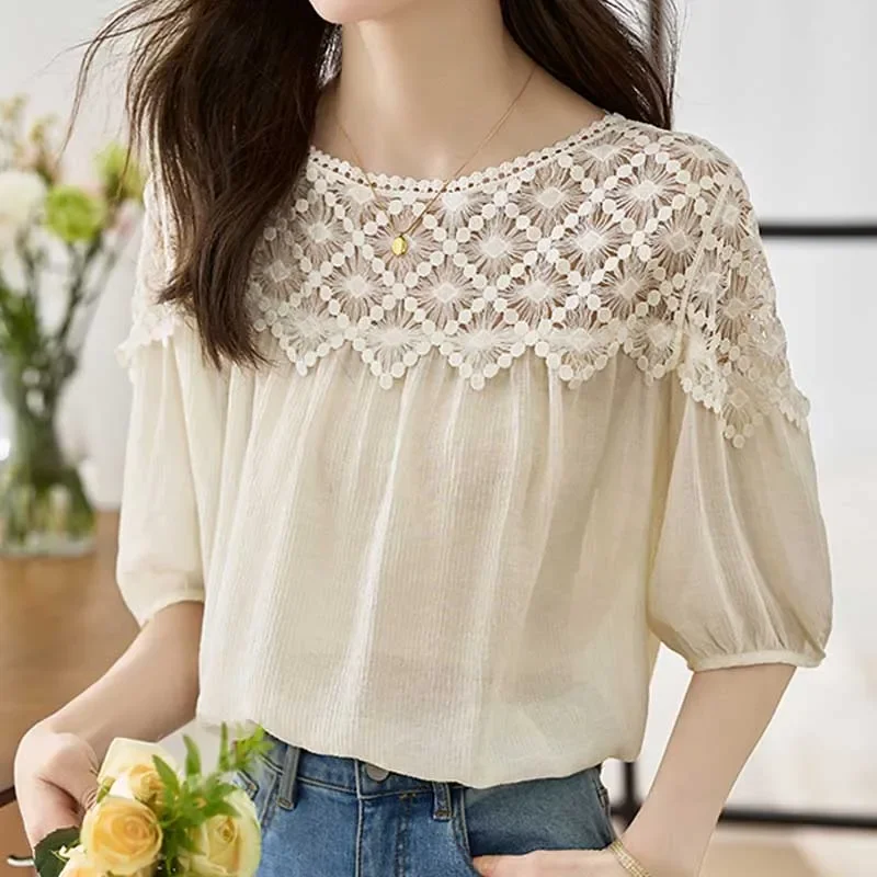 Элегантная рубашка с коротким рукавом и круглым вырезом летняя модная блузка