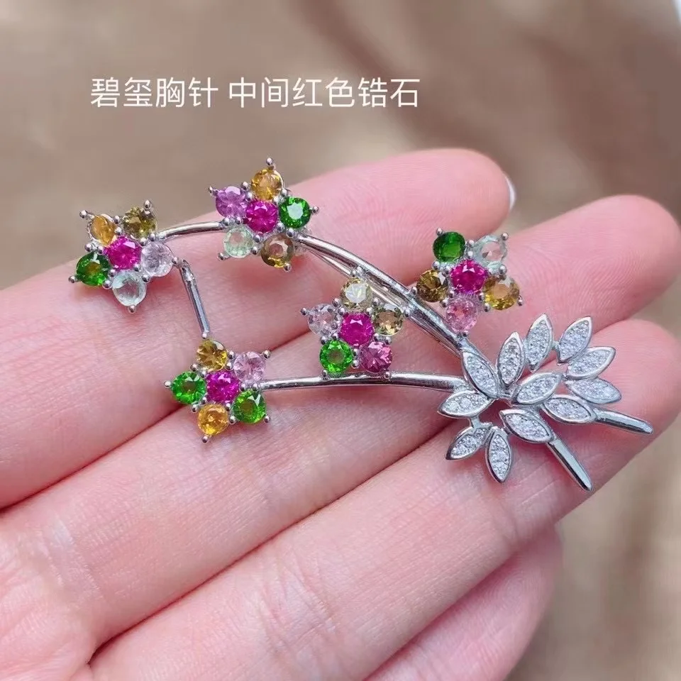 New 925 silver inlaid natural colored gemstone brooch & pendant, fine craftsmanship, luxurious atmosphere, can be customized