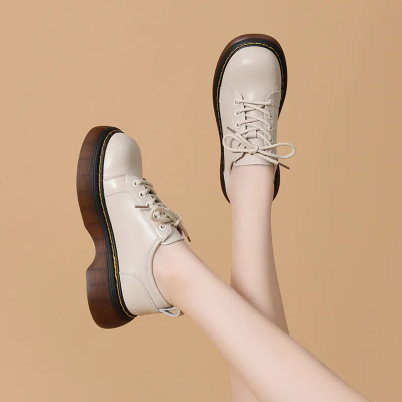 Thick Bottom British Style Small Leather Shoes Women 21 New Casual Round Toe Single Shoes Beef Tendon Bottom short Shoes Women