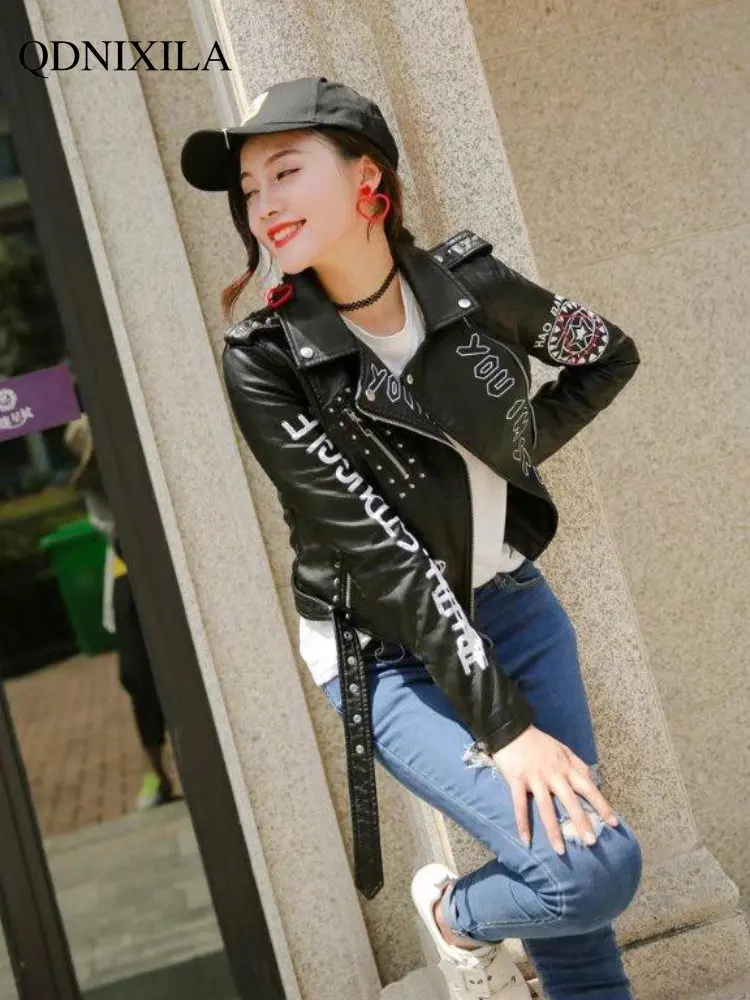 Women's Leather Jacket 2023 New Outerwear Asymmetric Zip Leather Jackets Print Rivet Rock Women's Moto Biker Zipper Jacket