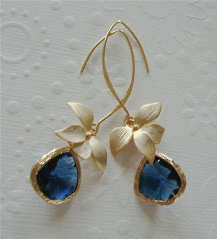 

Fashion Yellow Gold Color Flower Blue Crystal Drop Dangle Earrings for Women Engagement Wedding Anniversary Gift