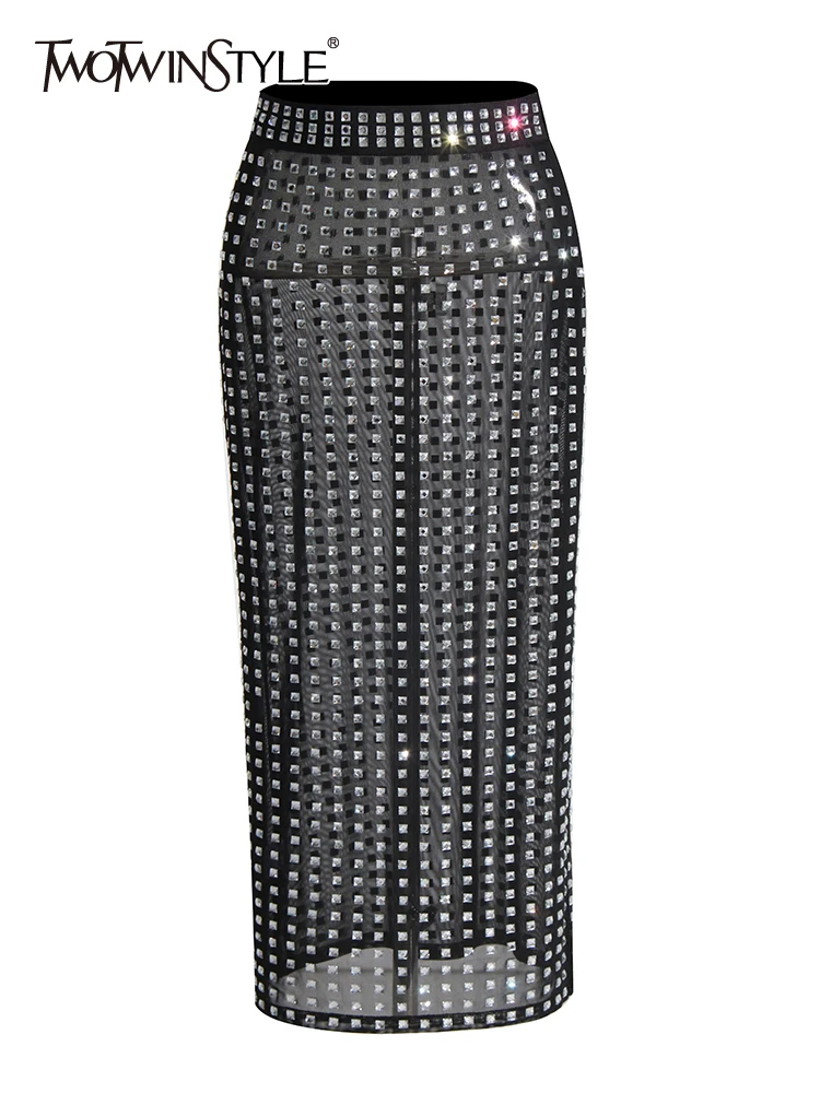 

Женская облегающая юбка TWOTWINSTYLE, Лоскутная Прозрачная сетчатая юбка с высокой талией и стразами
