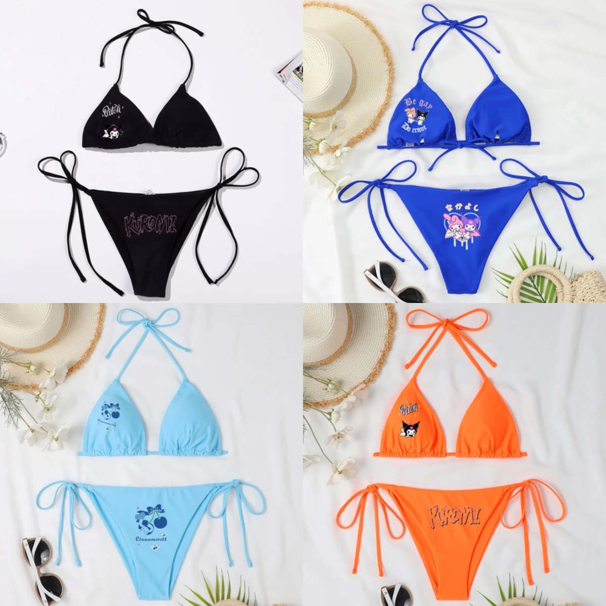 

Sanrio Kuromi Women 2Pcs Bikini Set Hello Kitty Halter Back Tie-Up Bra Side Strappy Letter Ladies Summer Sexy Beach Swimwea