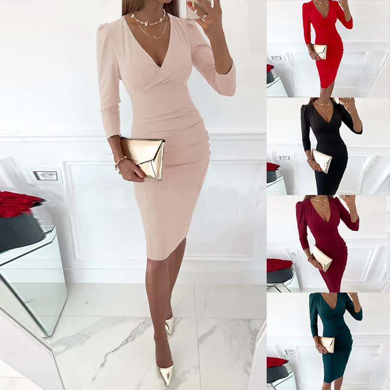 

Spring/Summer 2023 New V-neck Sexy Commuter Pleated Slim Solid Dress