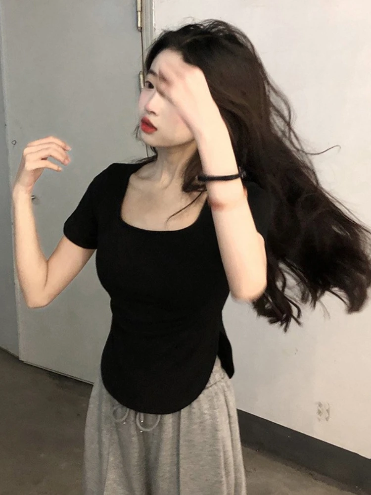 

Женский топ SVOKOR, Однотонная футболка с u-образным вырезом, повседневная однотонная облегающая футболка, асимметричная эластичная футболка ...