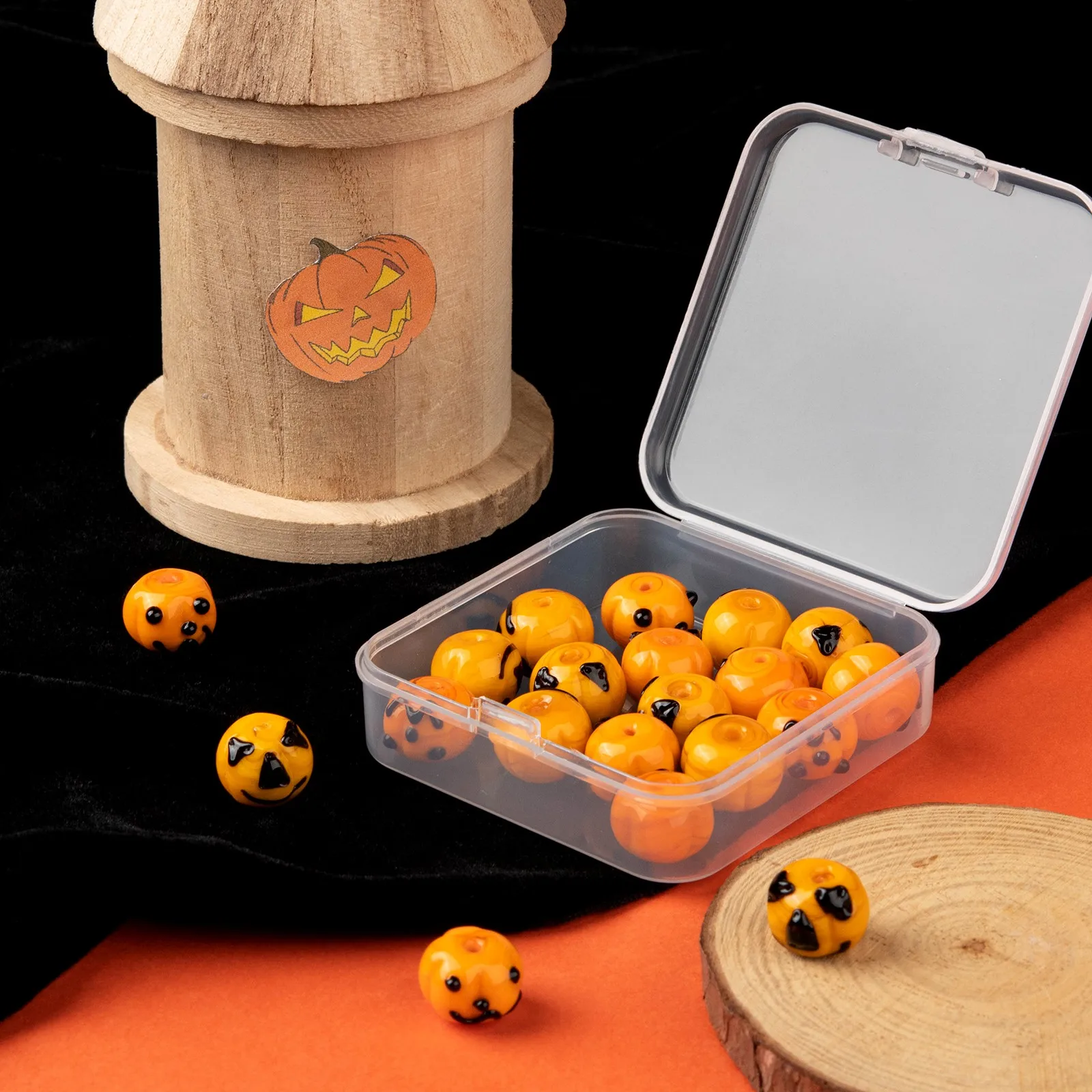 20Pcs Halloween Theme Handmade Lampwork Bead Cartoon Pumpkin Dark Orange Glass Bead Bracelet Necklace Party Decor Jewelry Making