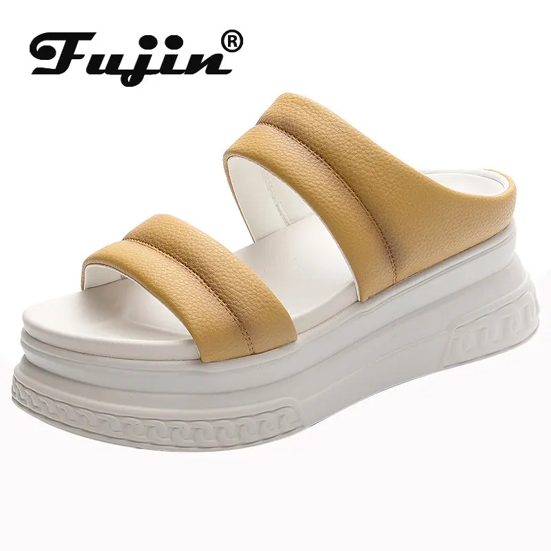 

Fujin 7cm Slip on Genuine Leather Platform Wedge Sandals High Brand Elegant Comfy Slides Slippers Women Summer Peep Toe Shoes