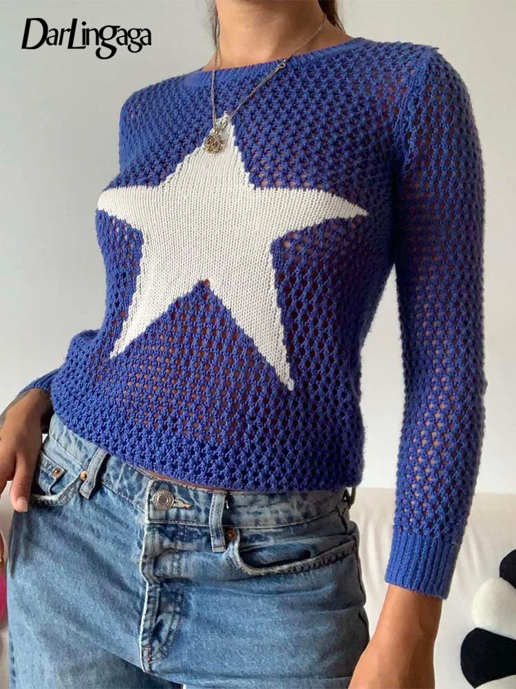 

Darlingaga Casual Pentagram Beach Knitted Crochet Crop Top Female T-shirt Sexy Summer Outfits Holidays Basic Aesthetic Pullovers