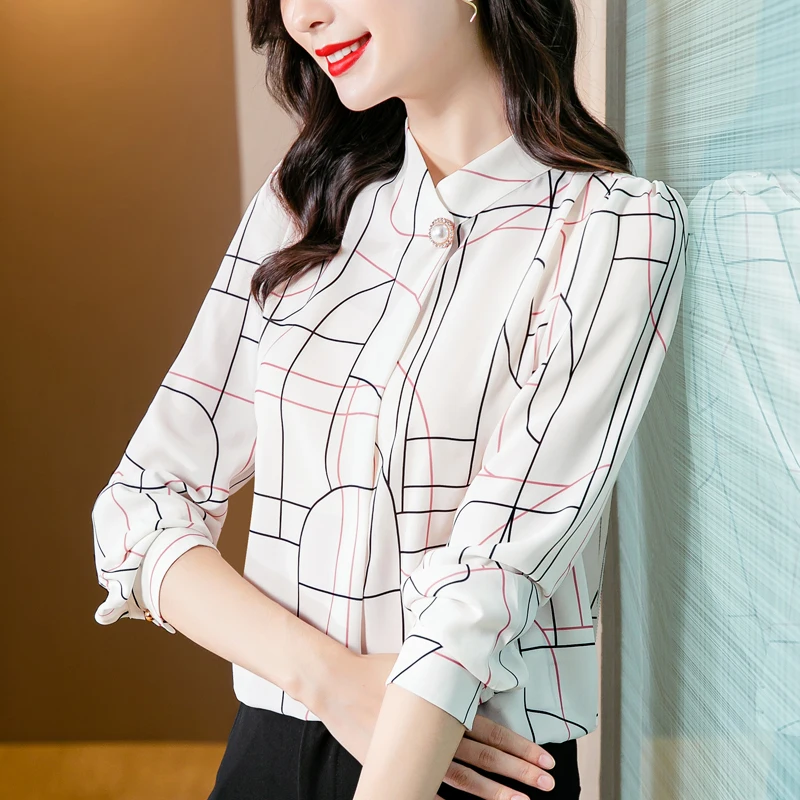 

Shirt for Women Fashion Elegant Long Sleeve Stand Collar Loose Casual Print Tops Office Lady Blouse 2022 Spring Autumn 1389