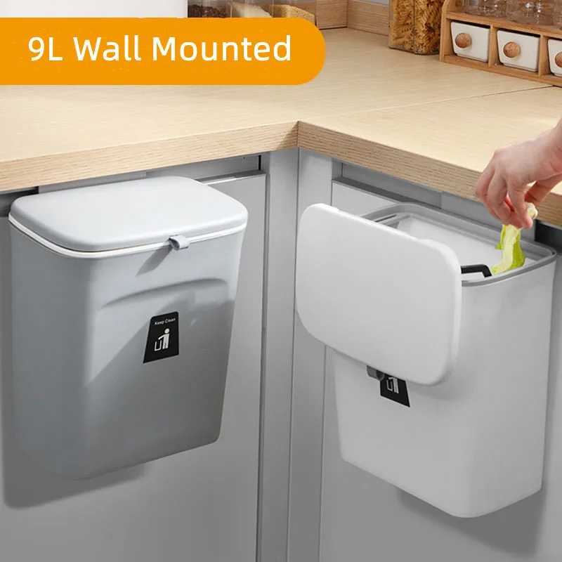 

7/9L Kitchen Trash Can Wall Mounted Garbage Bin Recycling Garbage Basket Waste Bin Cabinet Door Hanging With Lid For Bathroom