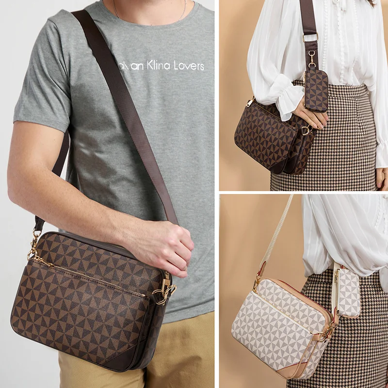 

Fashion Brown Printed Men Messenger Bags Multiple Accessories Sling Crossbody Shoulder Bag Male Classic Zipper Black Leather Bag