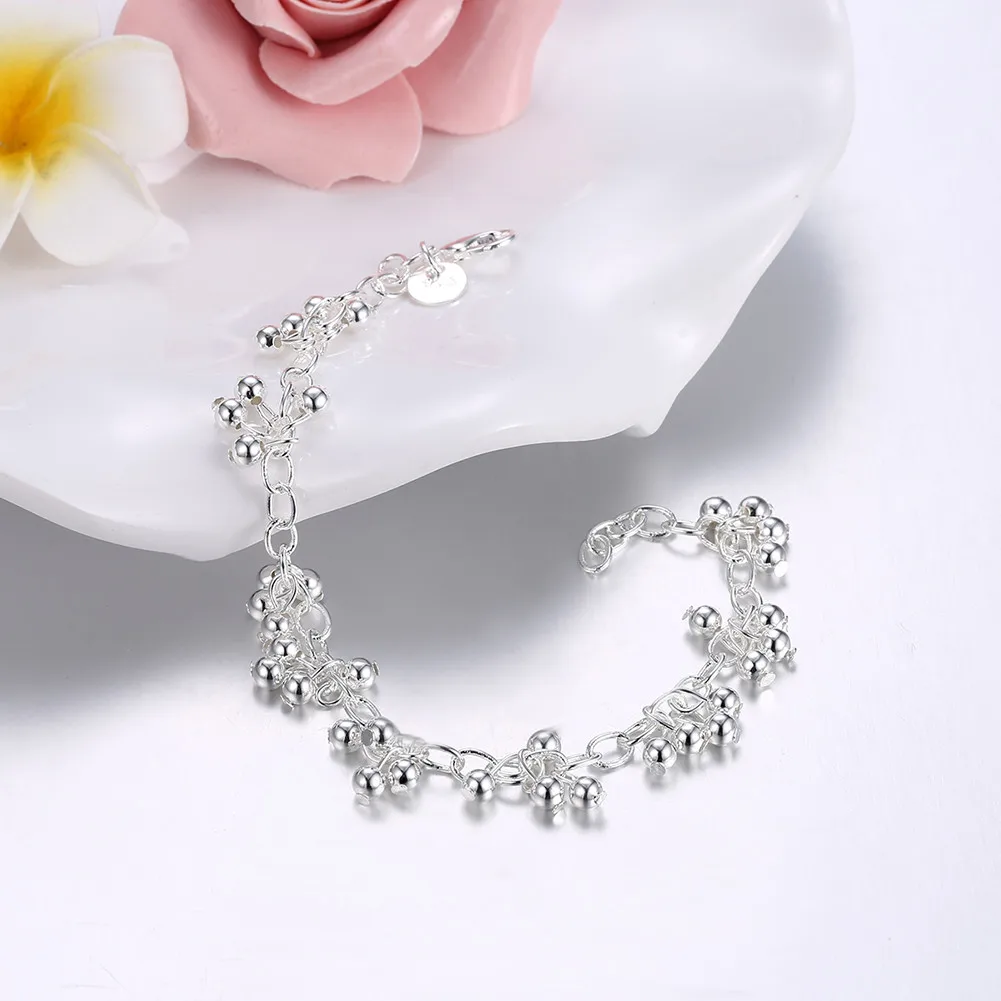 

New S925 Sterling Silver 8 Inches Smooth Grape Bead Chain Bracelet For Women's Fashion Party Gift Jewelry Free Shipping