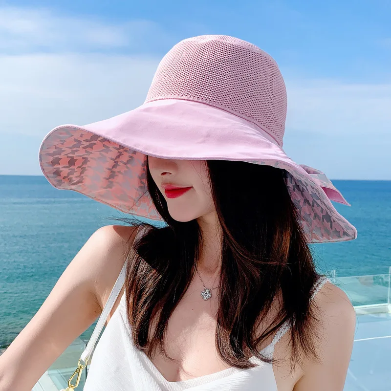 

2022 Summer Houndstooth Hat Female Versatile Wide Brim Hat Face-Covering Fisherman Hat Travel Sun Protection Sun Hat Broad-Brimm