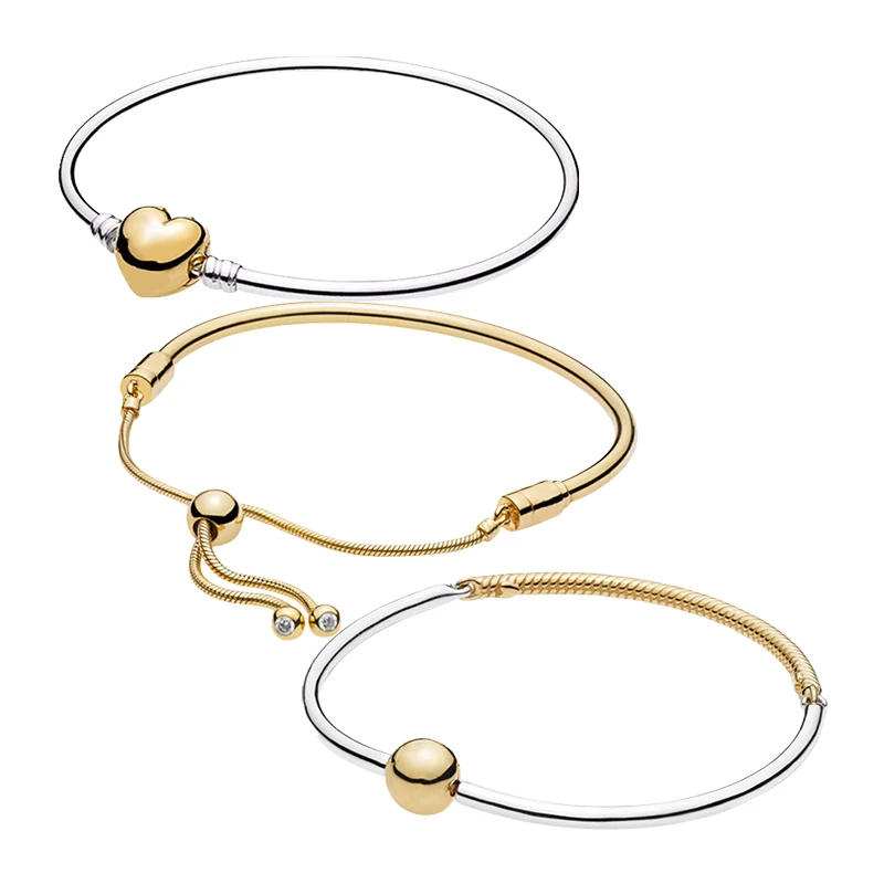 

Wrist Charm Bracelets Bangles For Women Jewelry 18K Shine Gold Silver 925 Original Heart Slider Three-Link Bal Clasp 17 19 21cm
