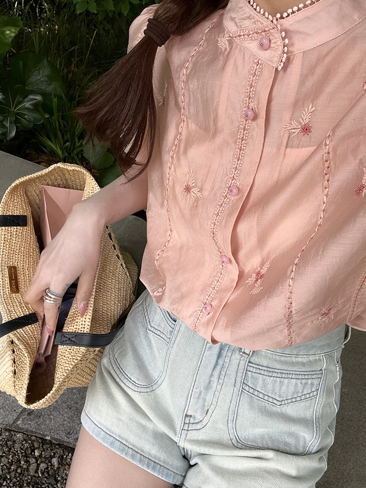 Wxlstudio рубашки с короткими рукавами и вышивкой женские летние 2024 новый дворец