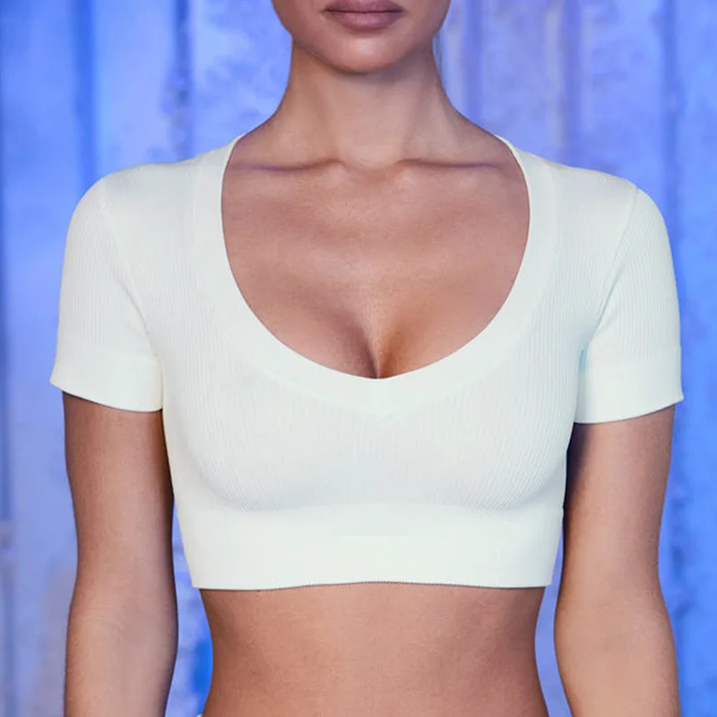 

LUOYIYANG спортивные бесшовные футболки для йоги влагоотводящие Модные женские тренировочные однотонные Топы И Футболки Для Фитнеса женские ...