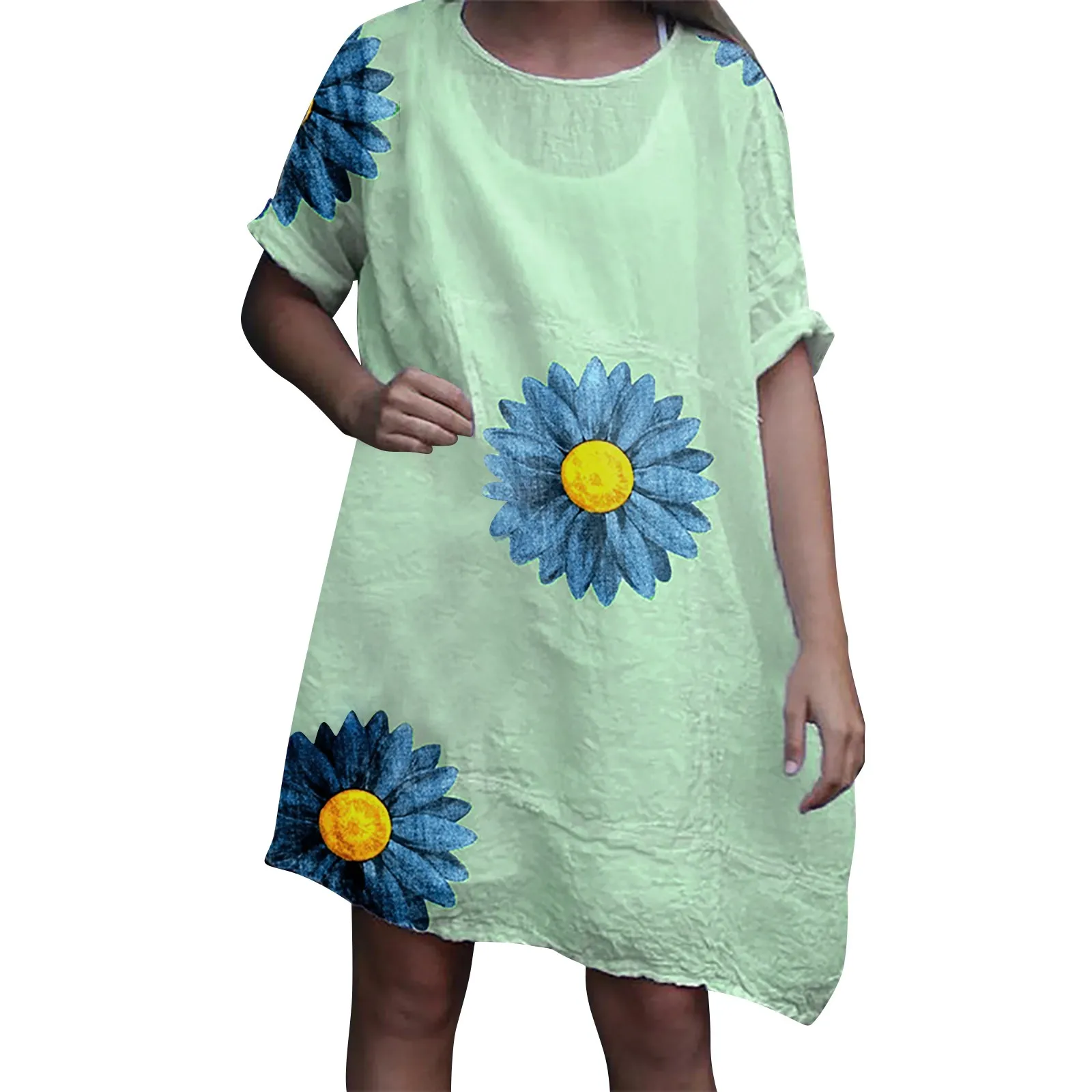 

Short Dress Casual for Women Women's Summer Daisy Print Casual Loose Fit Short Sleeve Versatile Shirt Womens Long Sundresses