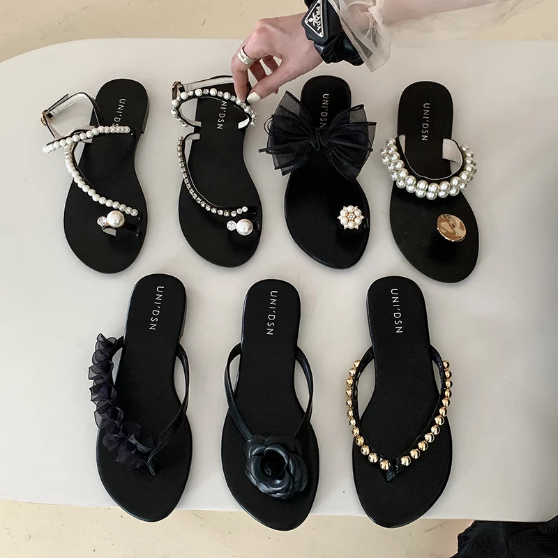 

Bailamos 2022 Summer Women Flip Flops Pearl Flats Beach Slides Ladies Outside Shoes Female Soft Brand Sandals Zapatos De Mujer