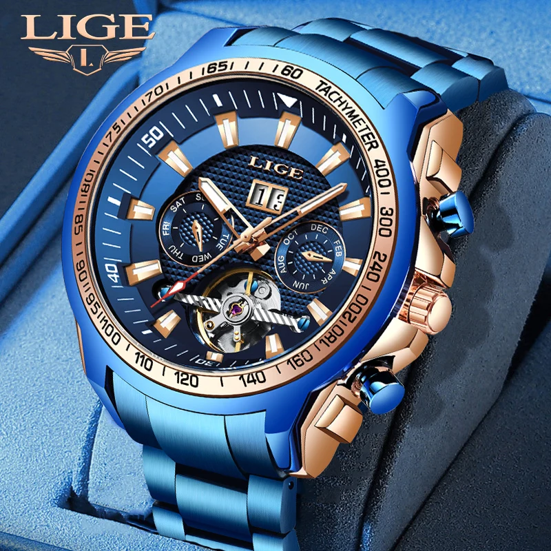 LIGE Mens Watches Top Brand Luxury Stainless Steel Waterproof Hollow Out Blue Big Male Wristwatches Relogio Masculino 2023