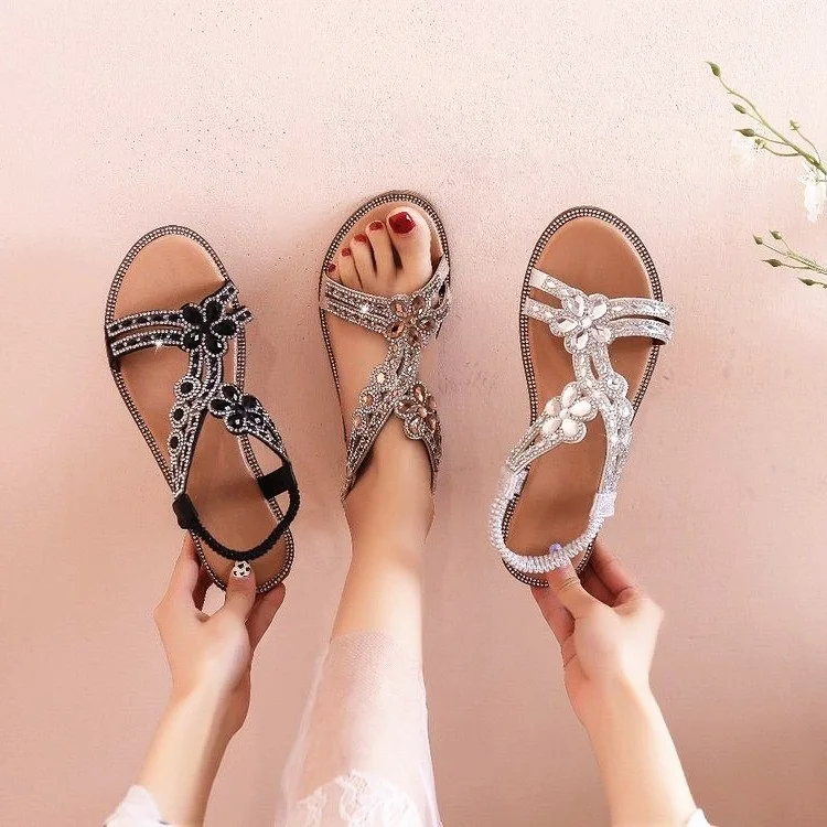 

2022 Woman Sandals Rhinestone Open Toe Fashion Female Shoes Solid Color Summer Open Toe Beach Sandalias Non-Slip Chaussure Femme