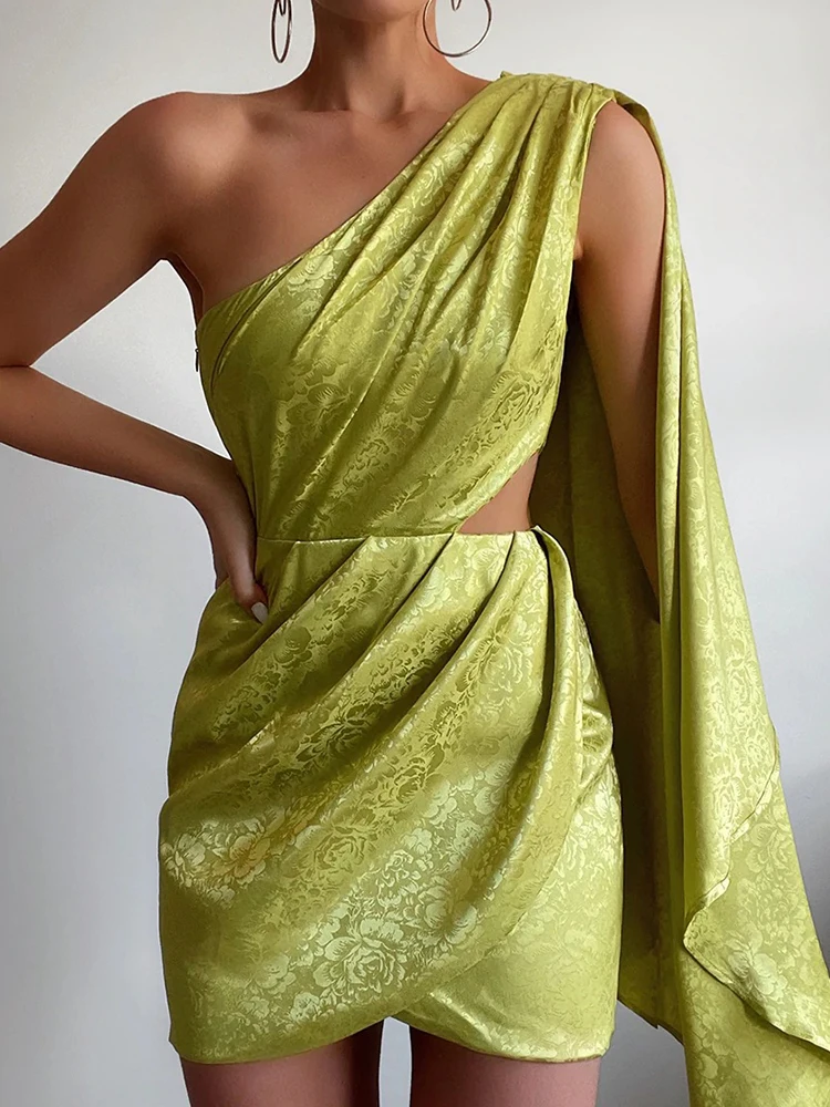 

Elegant Skew Collar Sleeveless Party Dress Sexy Off Shoulder Hollow Cloak Satin Mini Dress Vintage Flower Jacquard Bodycon Dress