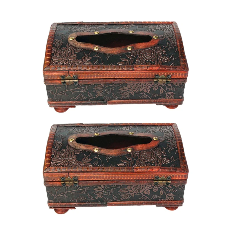 

2X Retro Vintage Copper Ring Pattern Wooden Paper Tissue Box Holder Decor New:Retro Red