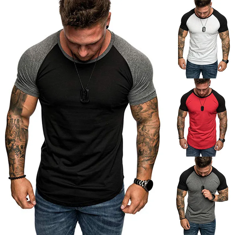 

Summer New Casual Men's Raglan Sleeve T-shirt Muscle Sports Fitness Men's Short-sleeved Cotton T-shirt