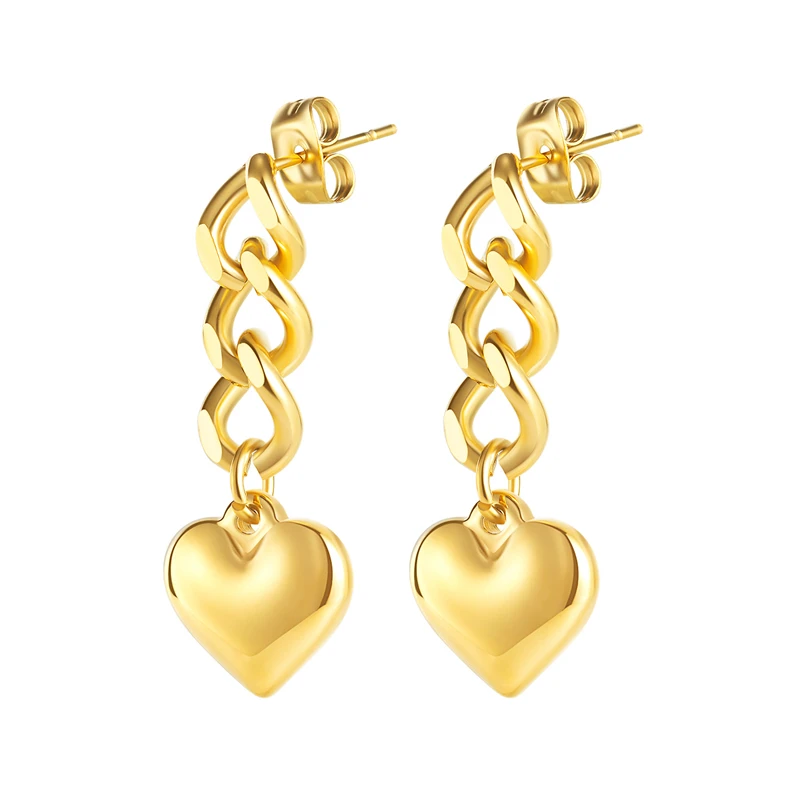 

Stainless Steel Jewelry Pendant with 14K Gold Plated Long Edge Chain Pendant Heart Earrings for Women