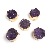 1pcs round natural agates druzy stone charms pendants amethysts gold plated for jewelry making necklace bracelets size 25x30mm