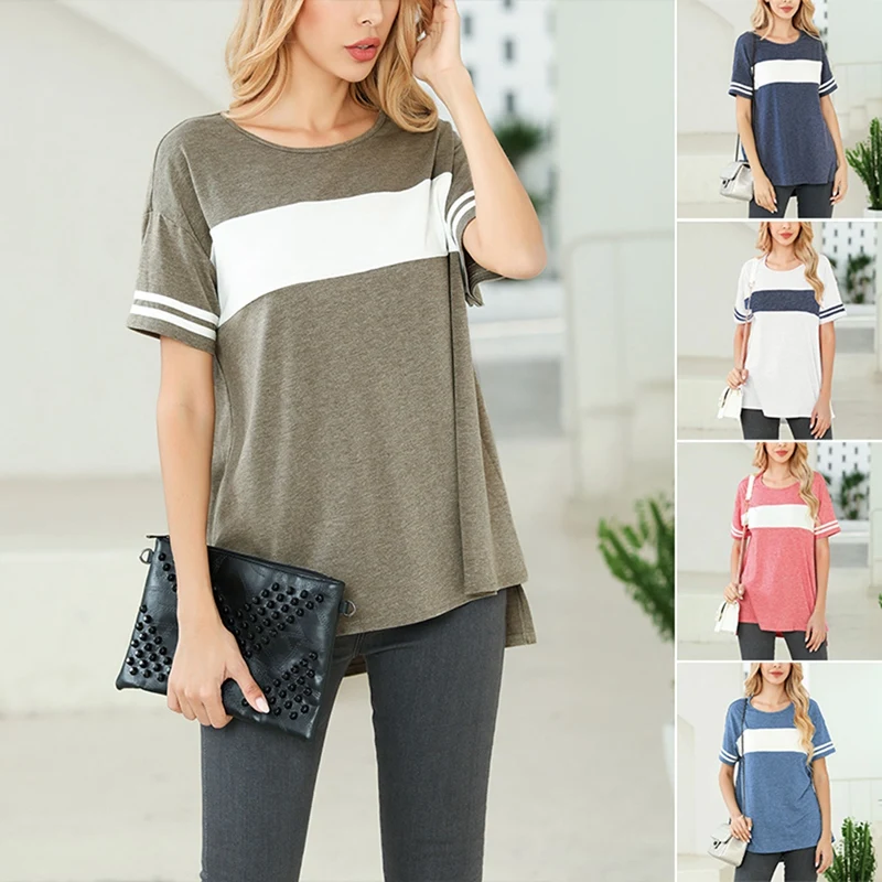 

Women's Fashion Casual Round Neck Color Matching Slit Short Sleeve T-Shirt Tops