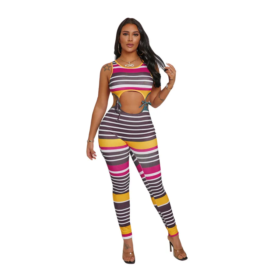 

Summer women's multicolor striped sexy suspender two piece pant set 1222